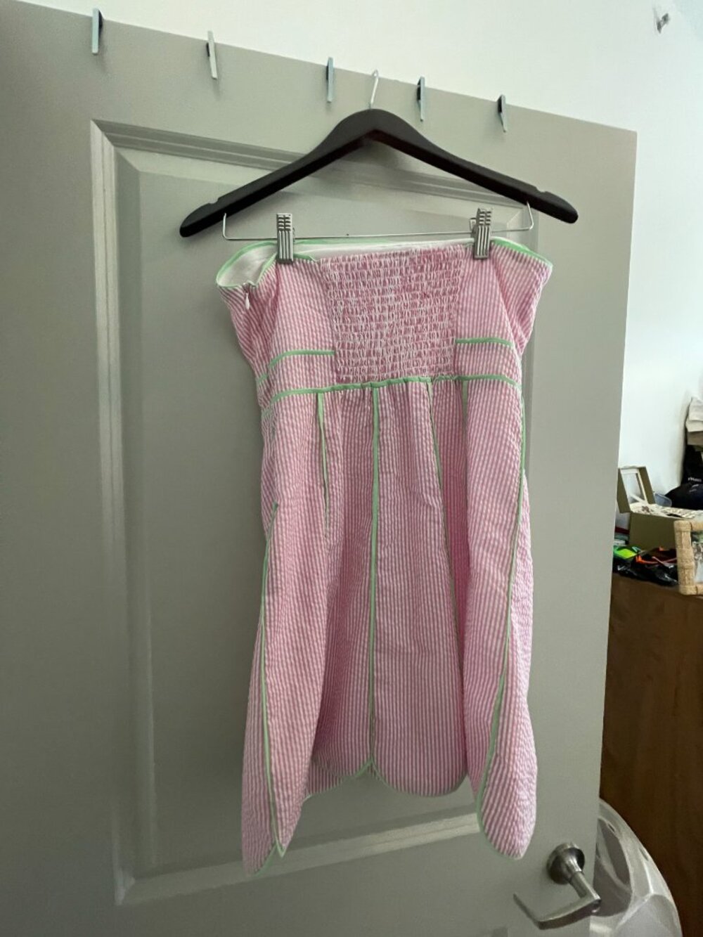 Strapless Pink Seersucker Scalloped Mini Dress - Picture 8 of 10